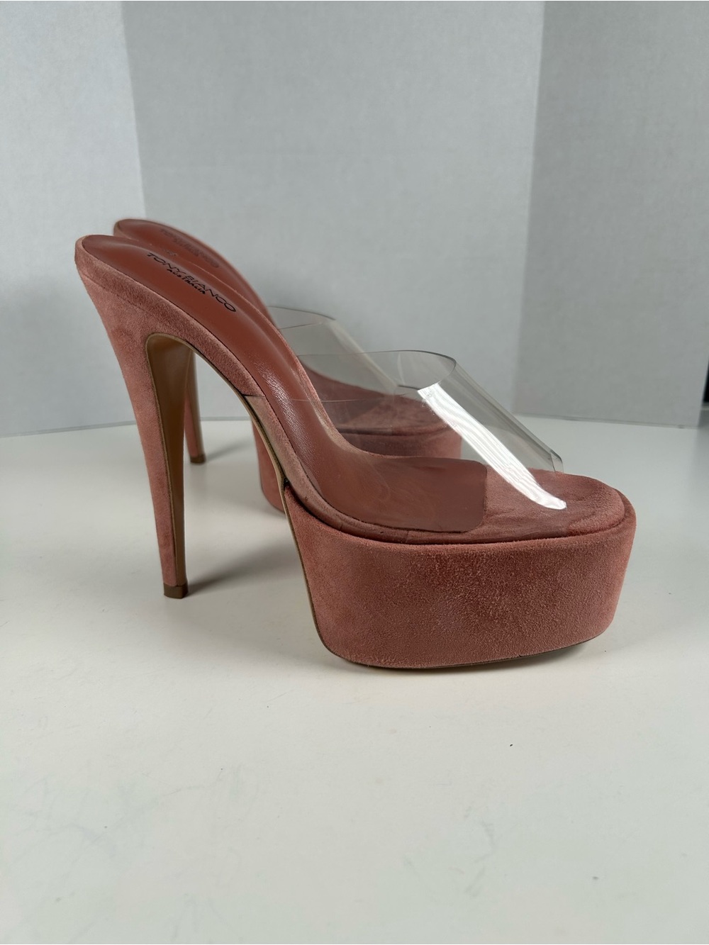Tony Bianco Jordyn Platform Mule Heels Blossom Suede Women's Sz 7.5 Clear Strap
